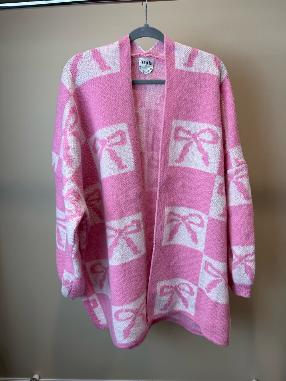 ARULA Pink & White Bow-Check Open Cardigan